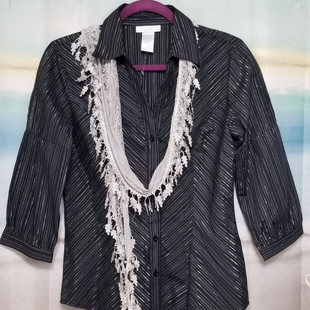 Worthington Blk/Slv Pinstriped Stretch Blouse S
